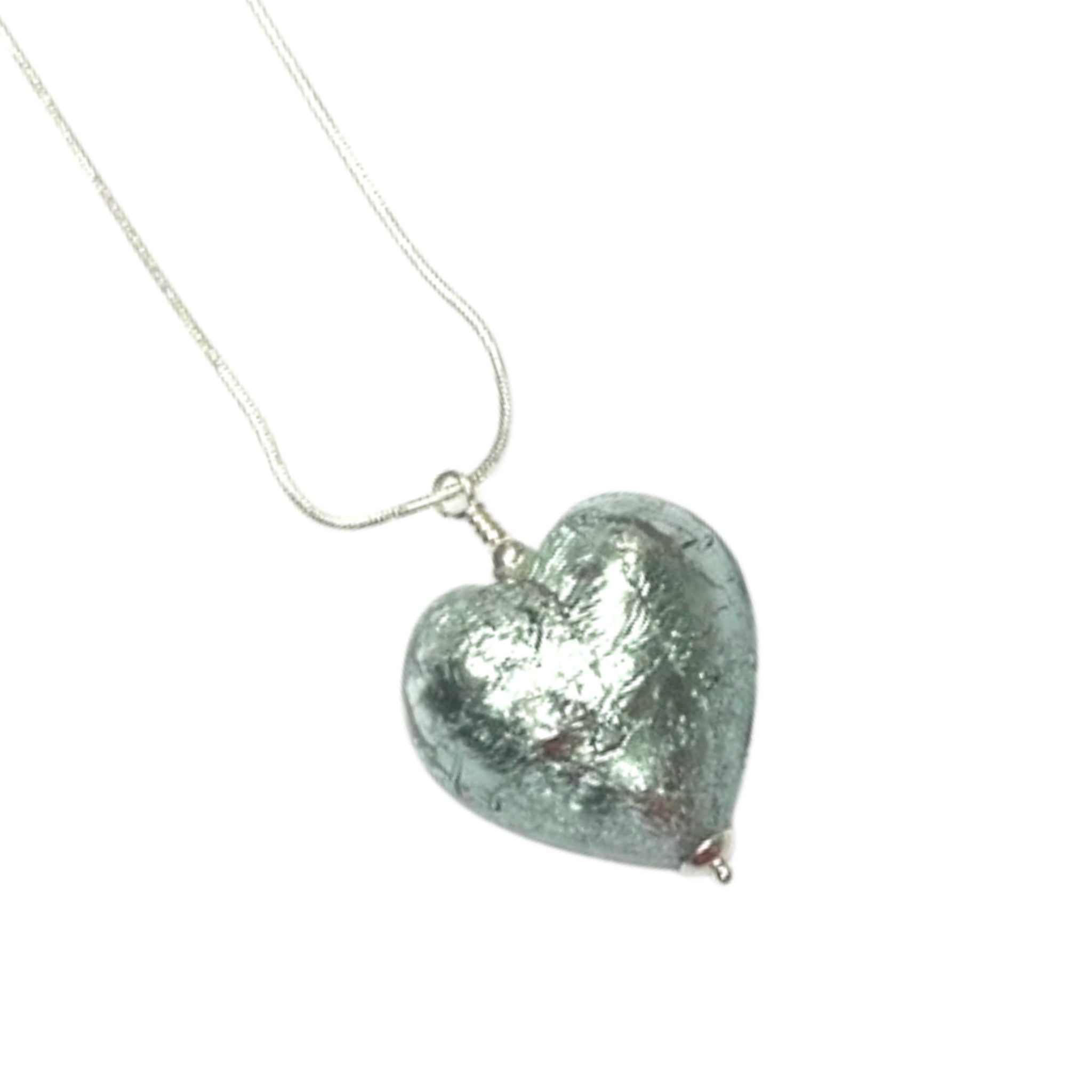 Murano Glass Heart Pendant - Silver Light Blue Ice - Majestico Gifts