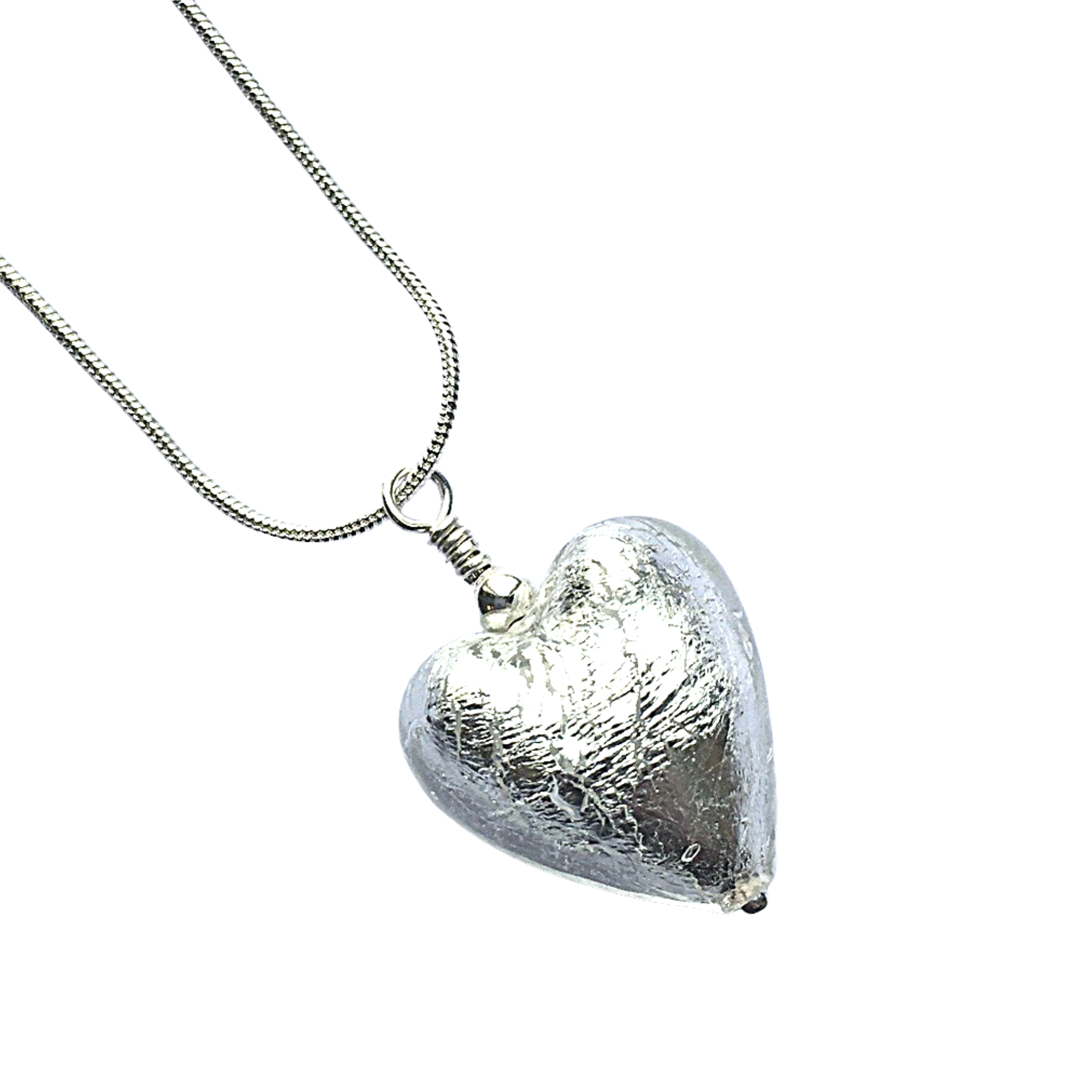 Murano Glass Heart Pendant - Silver White Ice Crackle - Majestico Gifts