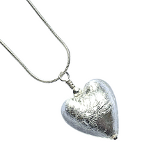 Murano Glass Heart Pendant - Silver White Ice Crackle - Majestico Gifts
