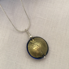 Murano Glass Lentil Bead Pendant - Gold/Blue Crackle - Majestico Gifts