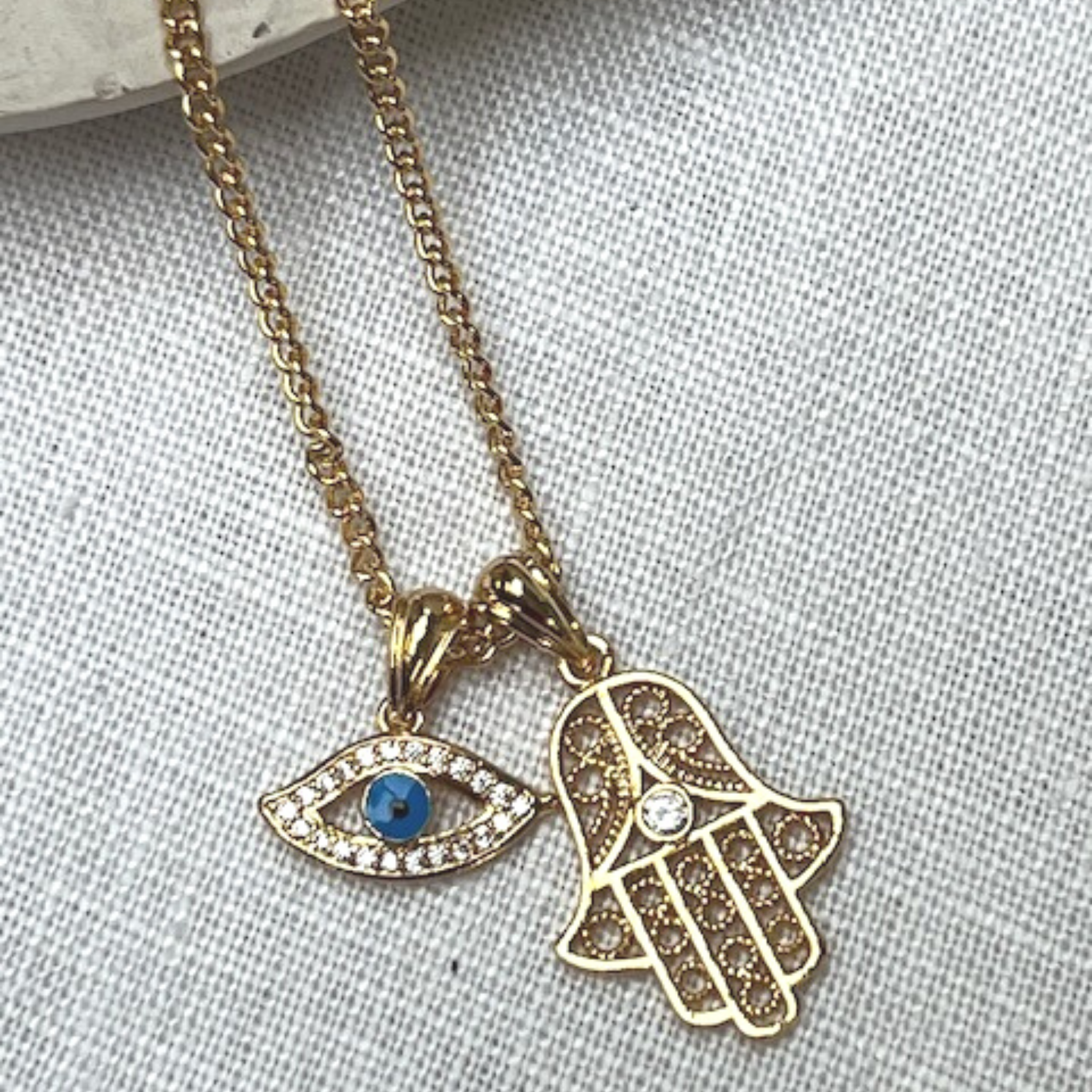 Hamsa Hand and Evil Eye Gold Necklace - Majestico Gifts