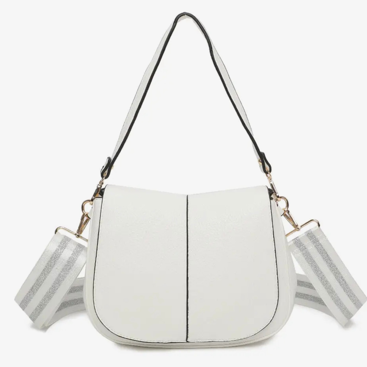 White Faux Leather Shoulder Bag – White | Multi-Compartment Women’s Crossbody Handbag