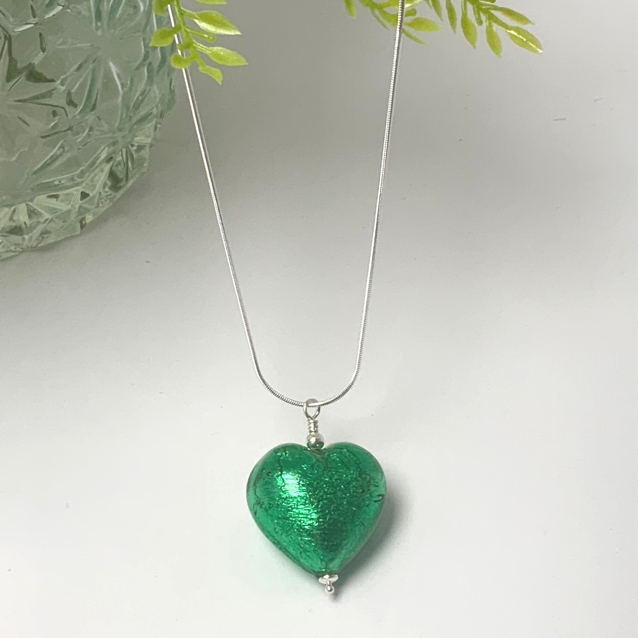 Murano Glass Heart Large Pendant  - Emerald Green