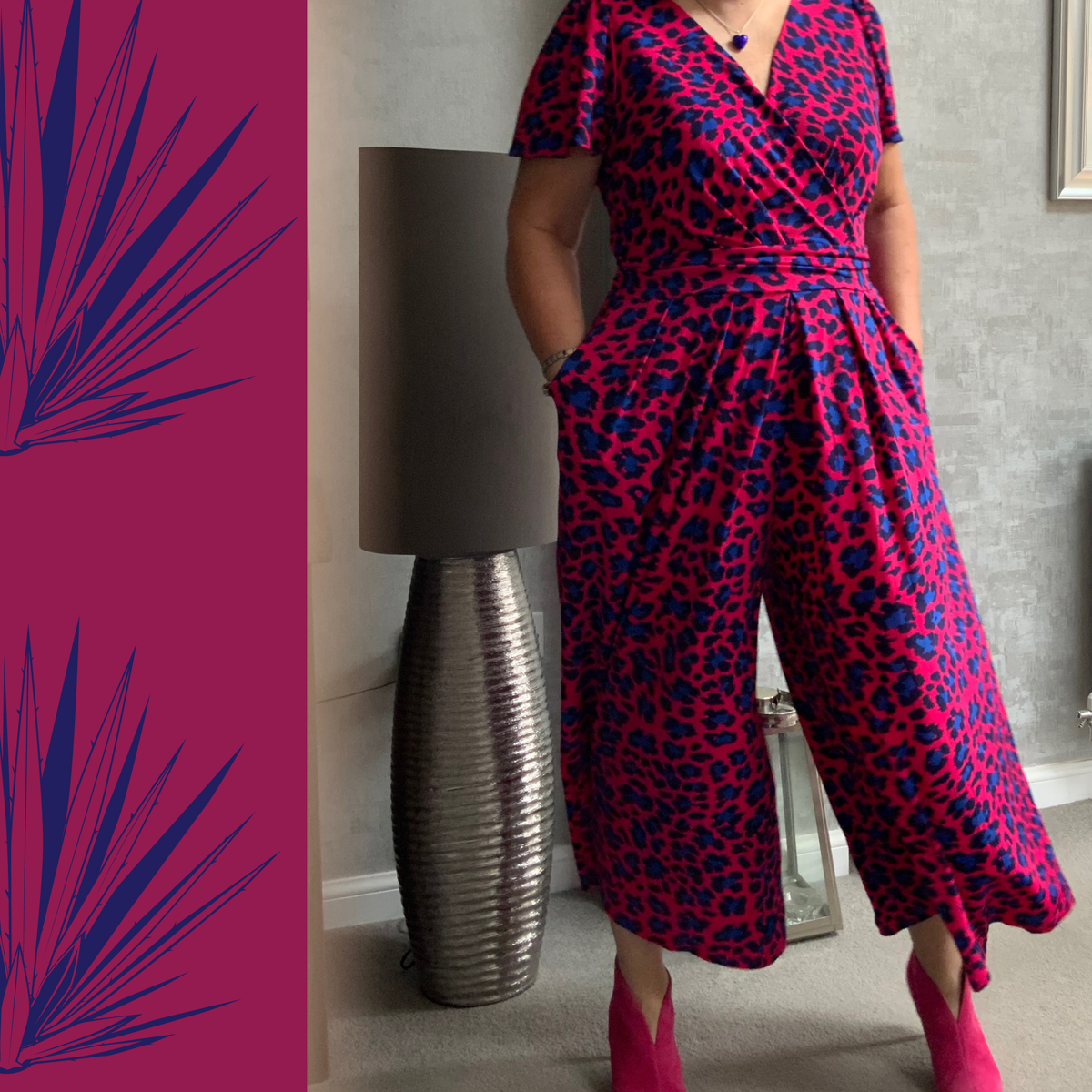 Julia - Leopard Print Wide Leg Jumpsuit - Fuchsia/Blue