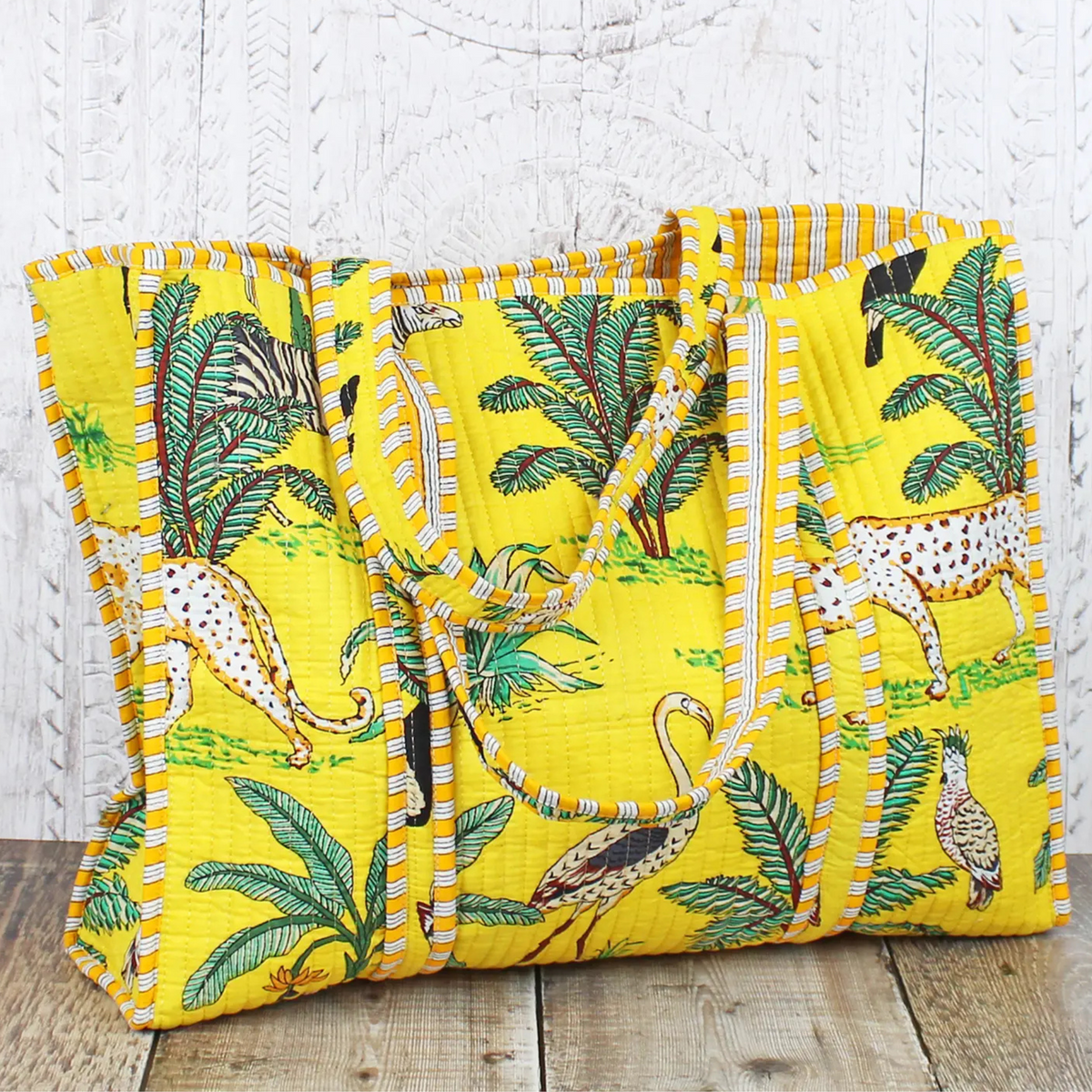 Suki Vibrant Yellow Jungle Theme Quilted Tote Bag