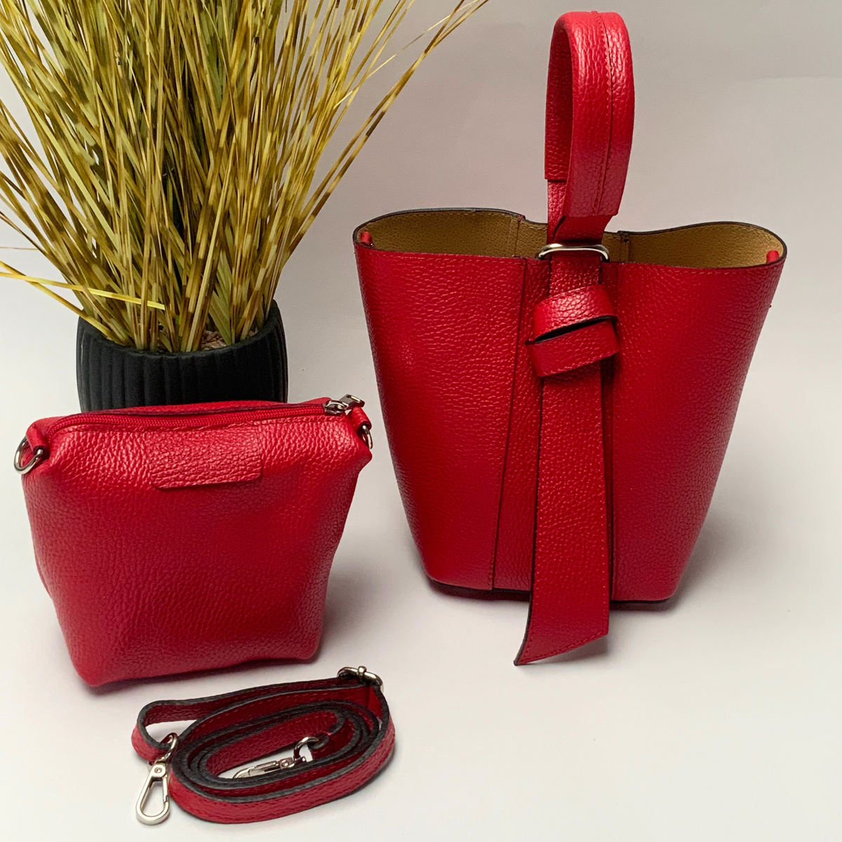 Chiara Leather Bag Set - Red