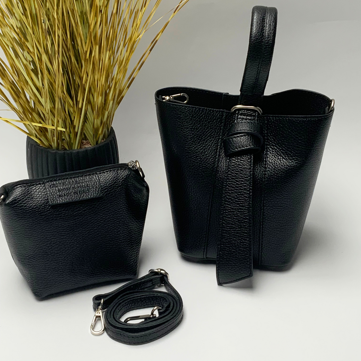 Chiara Leather Bag Set - Black