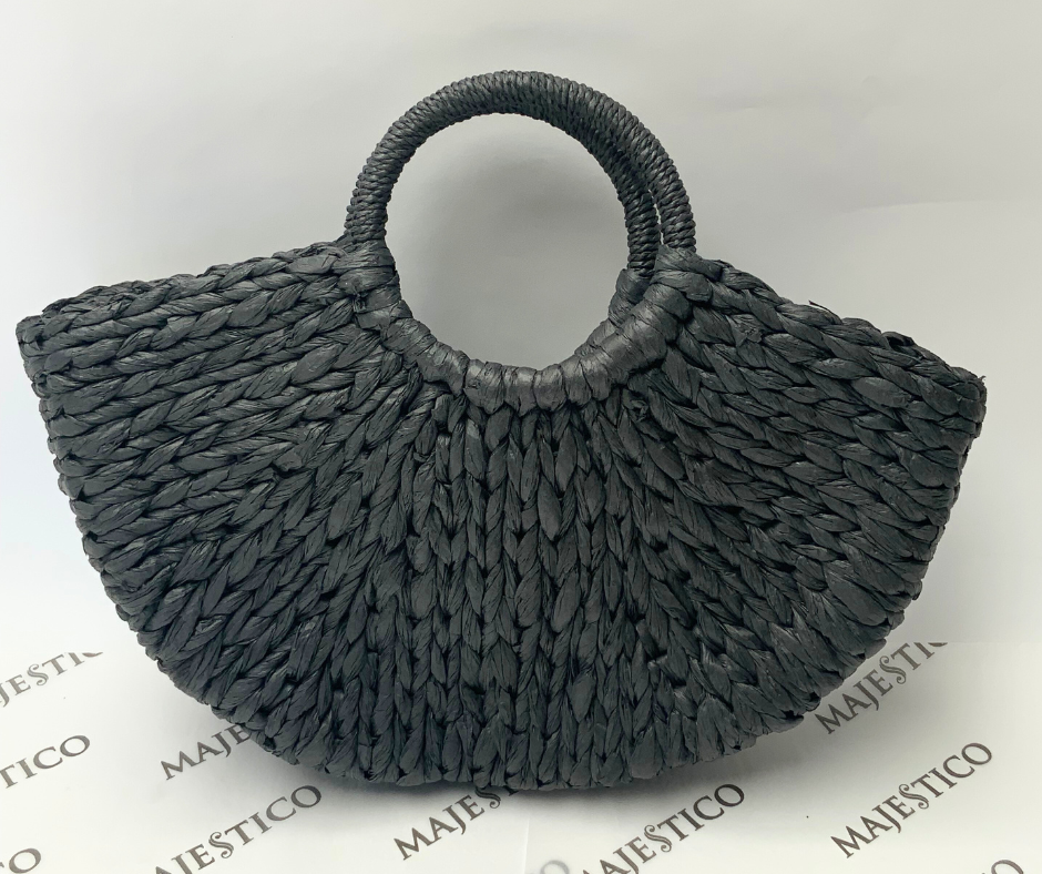 Half Round Woven Straw Bag - Black