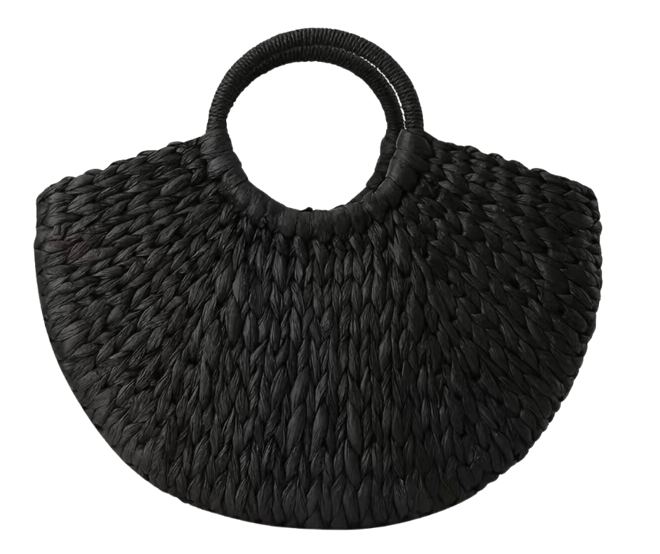 Half Round Woven Straw Bag - Black