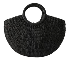 Half Round Woven Straw Bag - Black