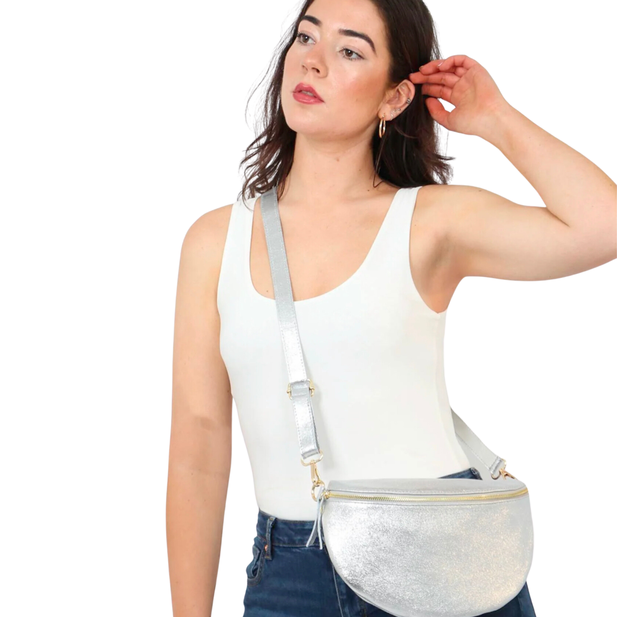 Venezia - Large Leather  Crossbody Sling Bag - Silver
