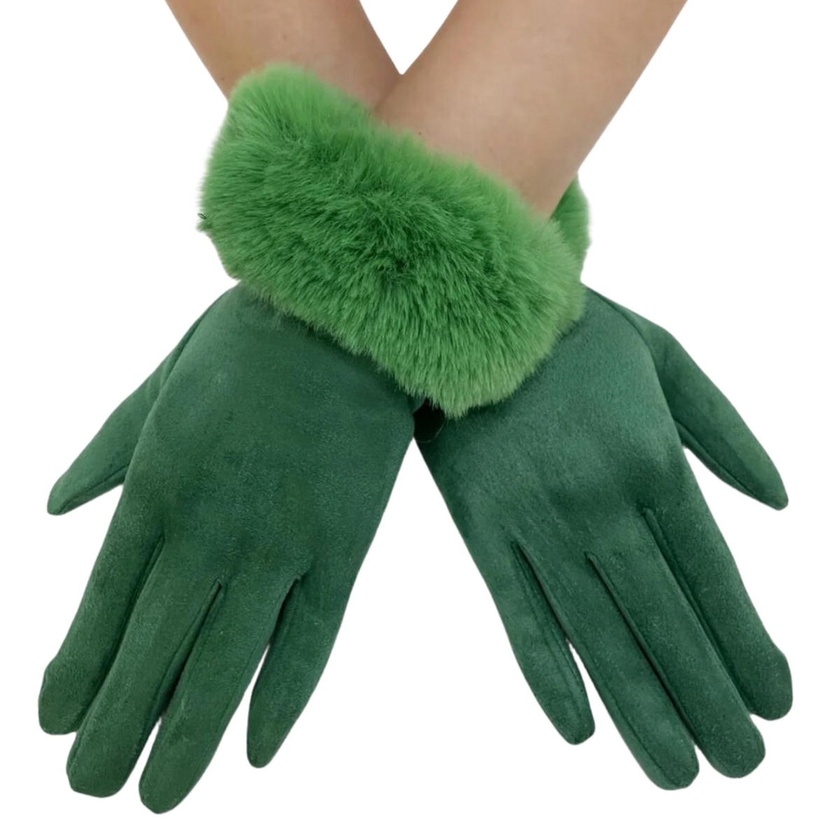 Faux Fur Trim Suede Touch Gloves - Green