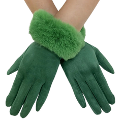 Faux Fur Trim Suede Touch Gloves - Green