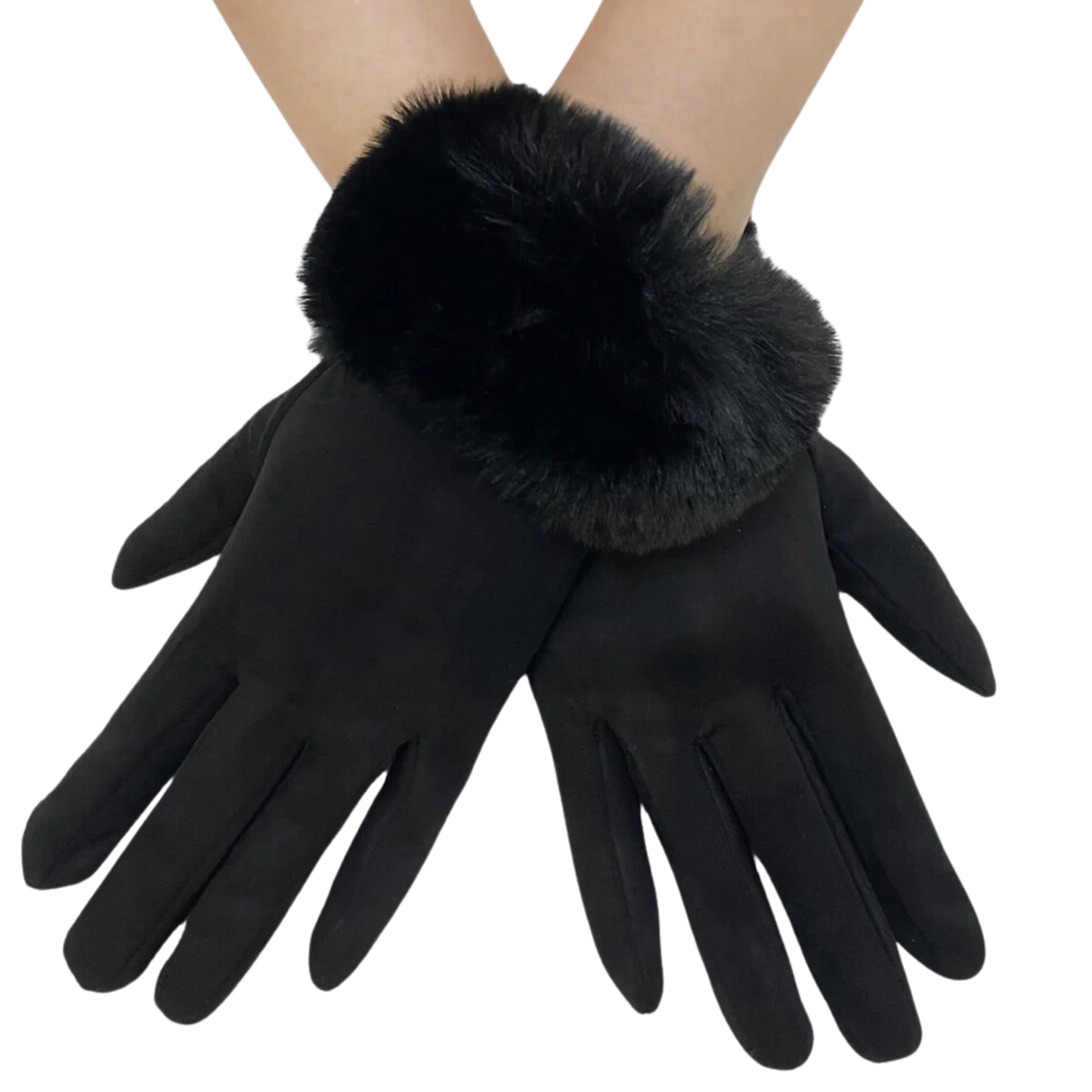 Faux Fur Trim Suede Touch Gloves - Black