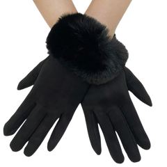 Faux Fur Trim Suede Touch Gloves - Black