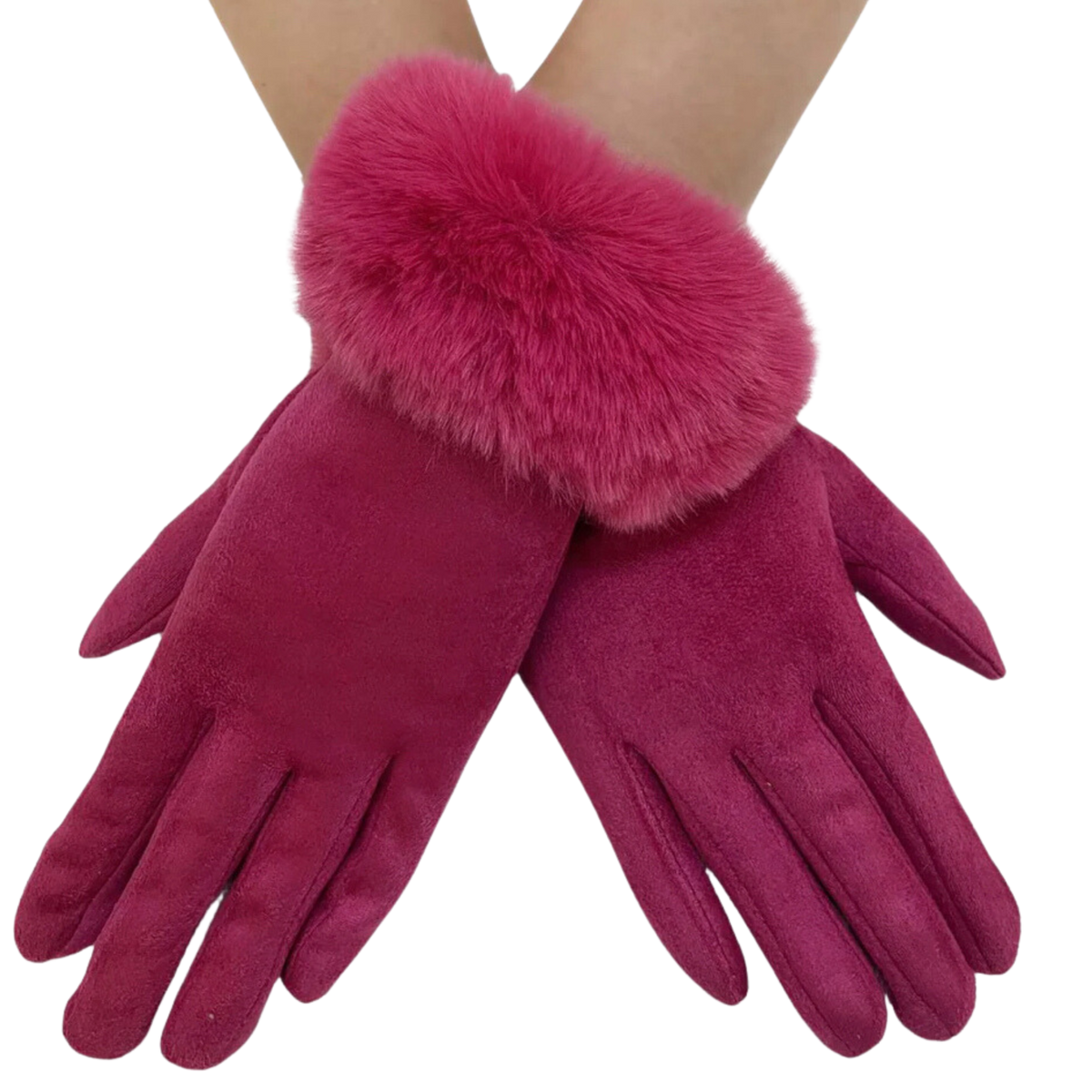 Faux Fur Trim Suede Touch Gloves - Pink