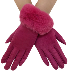Faux Fur Trim Suede Touch Gloves - Pink