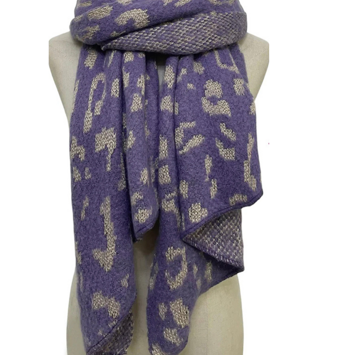 Leopard Print Metallic Thread Knitted Wool Scarf - Lavender