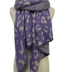 Leopard Print Metallic Thread Knitted Wool Scarf - Lavender