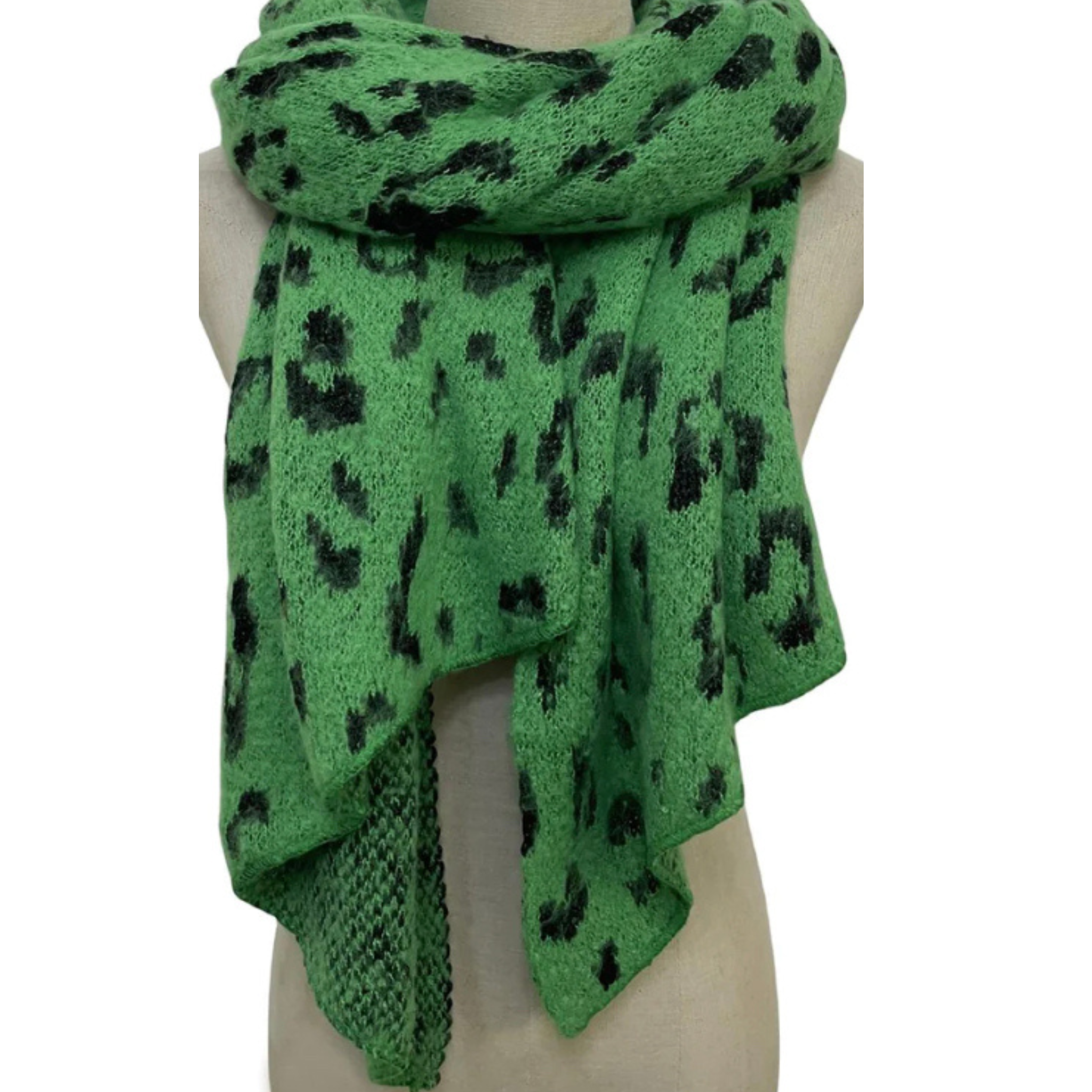 Leopard Print Metallic Thread Knitted Soft  Scarf - Green