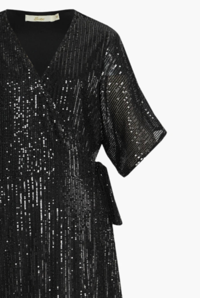 Noella - Black Sequin Midi Wrap Dress