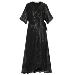 Noella - Black Sequin Midi Wrap Dress