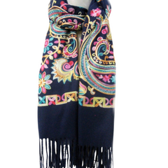 Black Cashmere Blend Embroidery Paisley Pattern Scarf