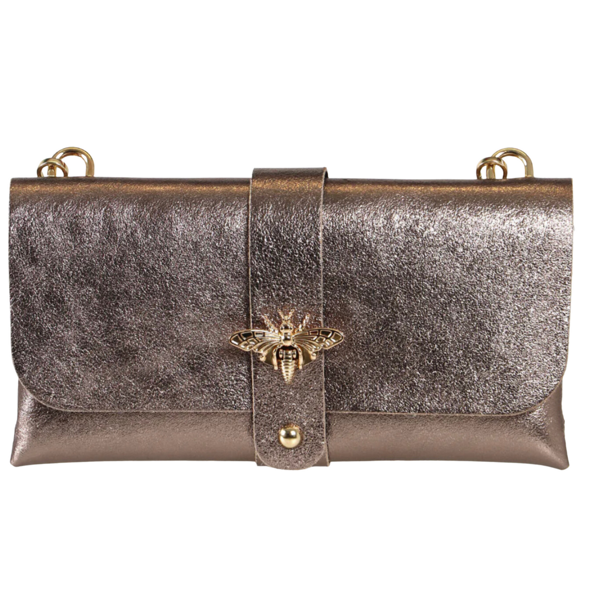 Champagne  Bee Emblem Leather Clutch Bag with Gold Chain Strap