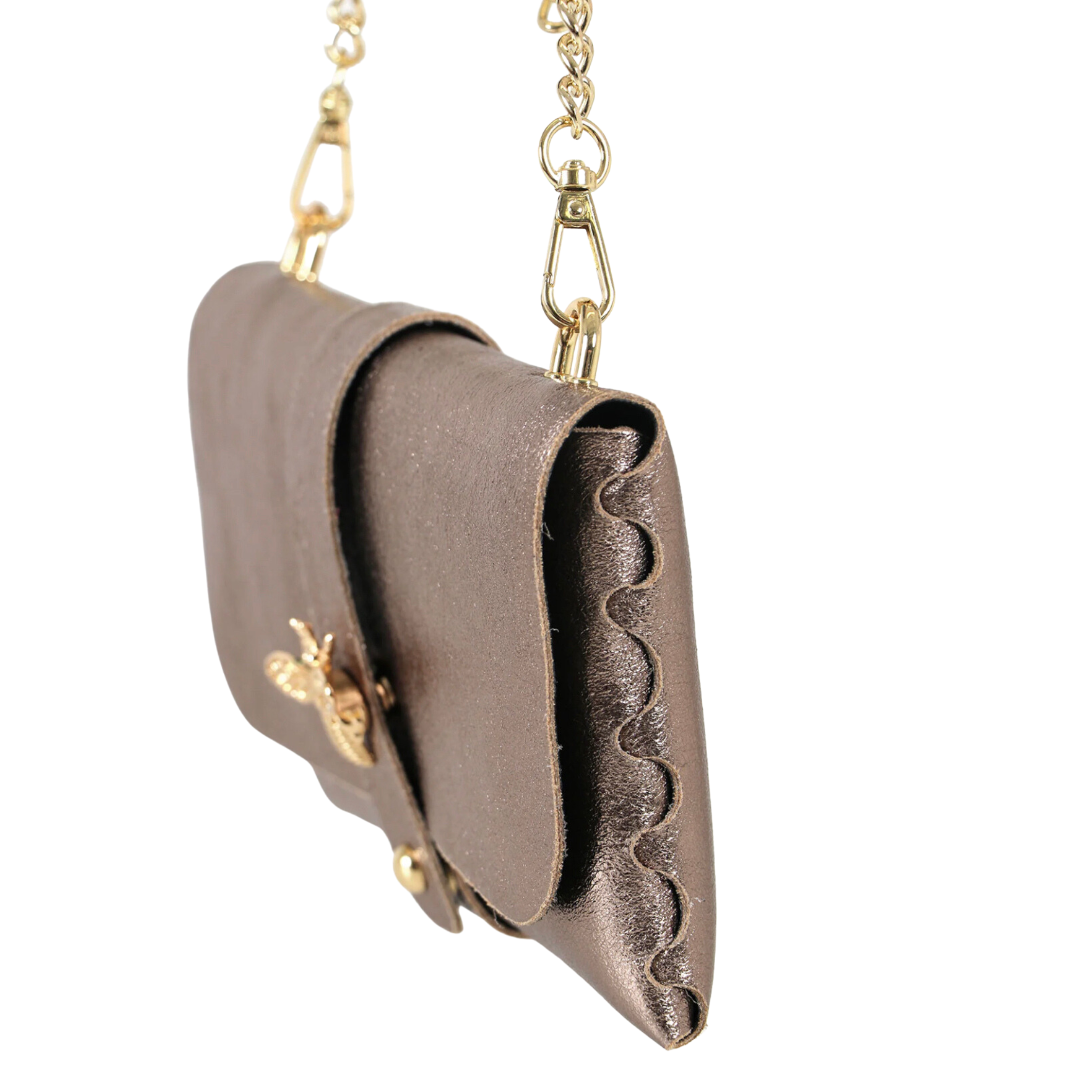 Champagne  Bee Emblem Leather Clutch Bag with Gold Chain Strap