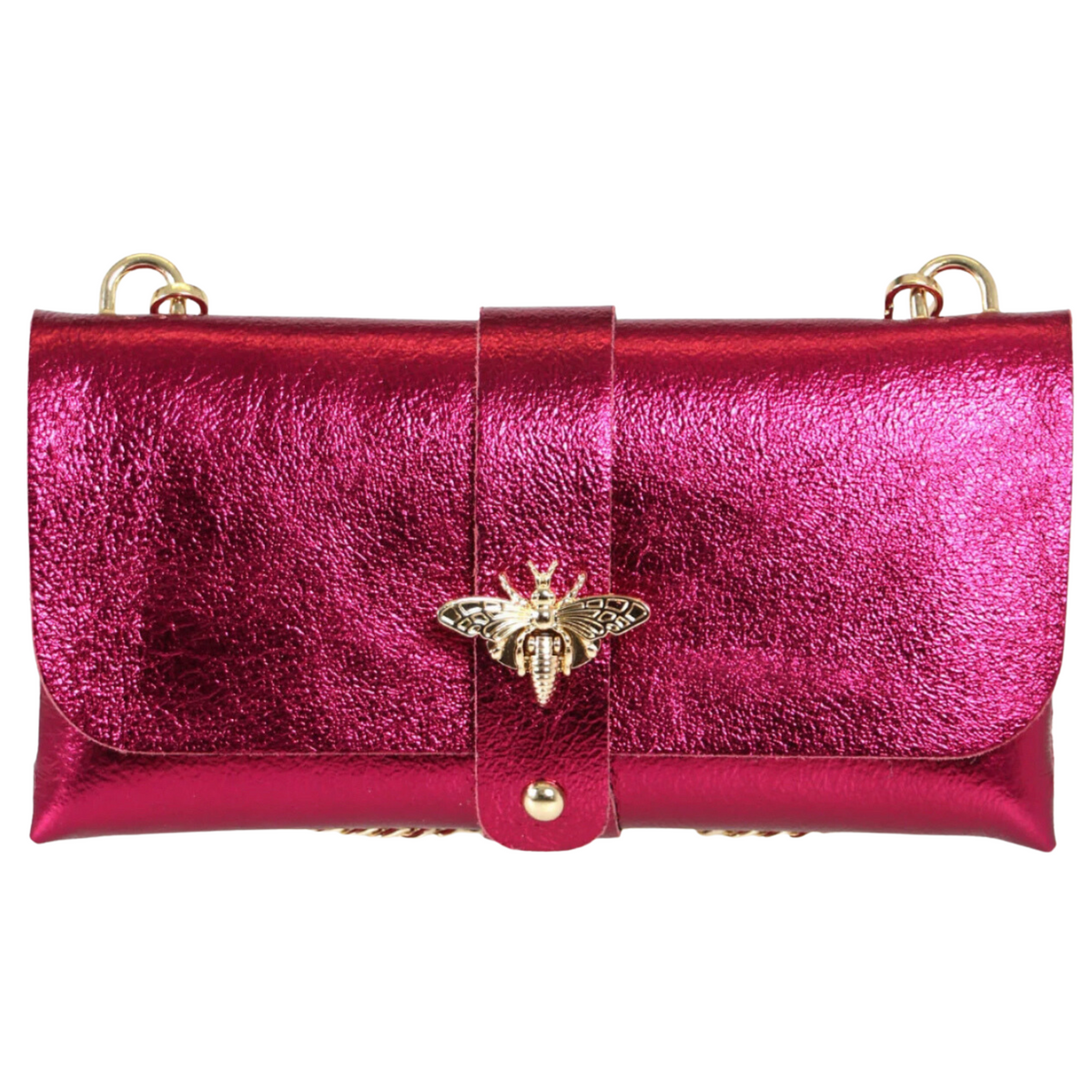 Magenta Bee Emblem Leather Clutch Bag with Gold Chain Strap