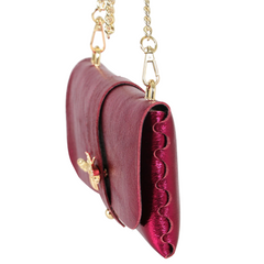 Magenta Bee Emblem Leather Clutch Bag with Gold Chain Strap