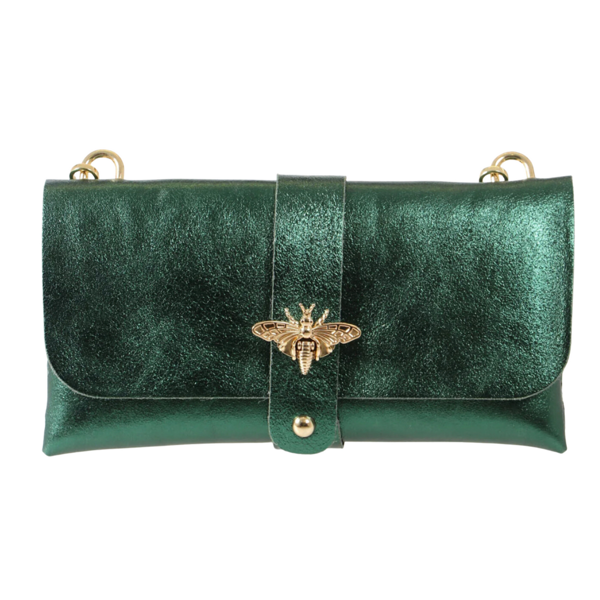 Green Bee Emblem Leather Clutch Bag with Gold Chain Strap