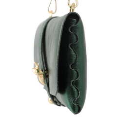 Green Bee Emblem Leather Clutch Bag with Gold Chain Strap