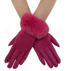 Faux Fur Trim Suede Touch Gloves - Pink