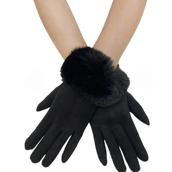 Faux Fur Trim Suede Touch Gloves - Black