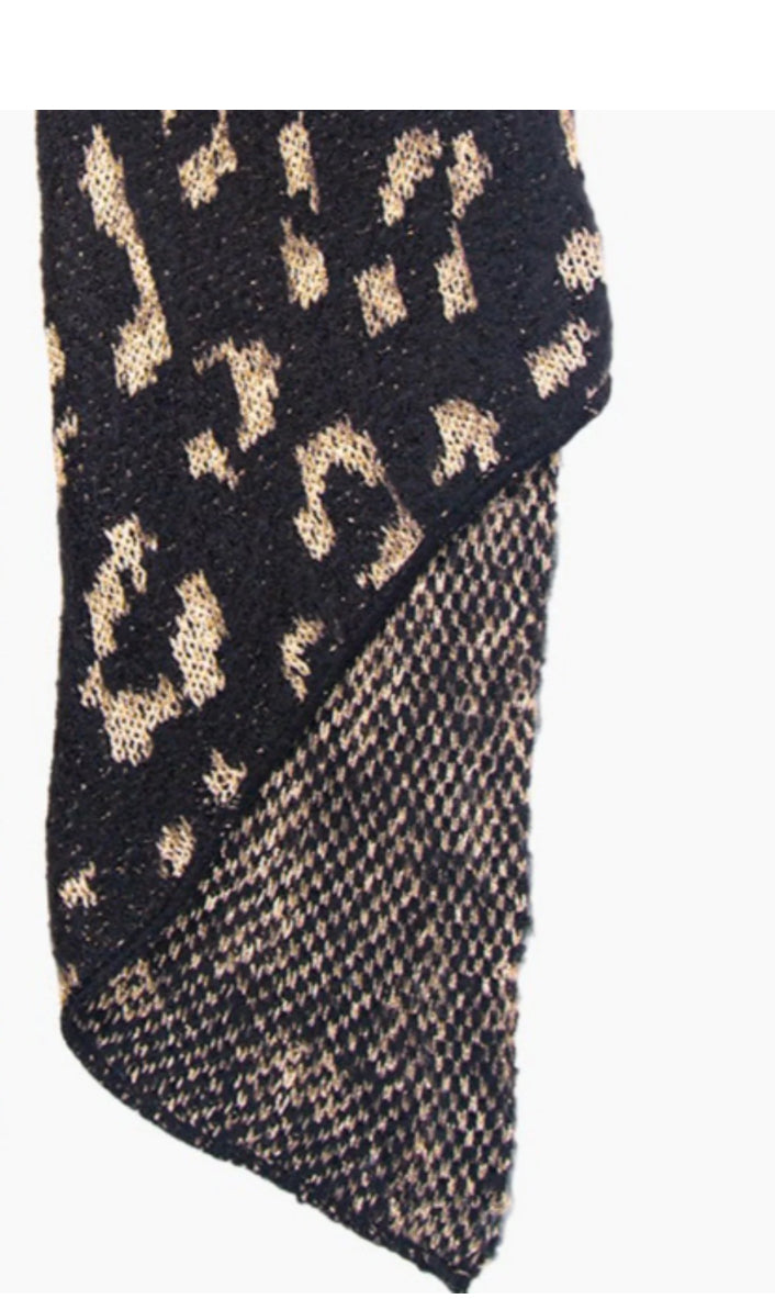 Leopard Print Metallic Thread Knitted Soft Scarf - Black Gold