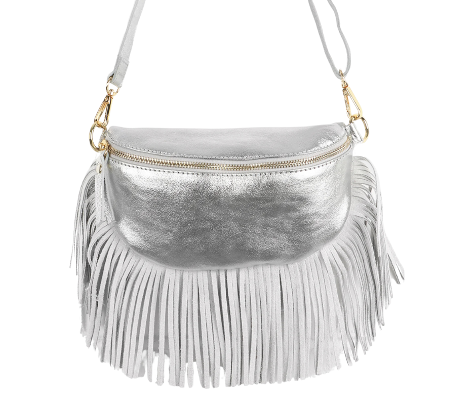 Sophia Silver Half Moon Leather Crossbody Bag With Fringe Trim Majestico Boutique