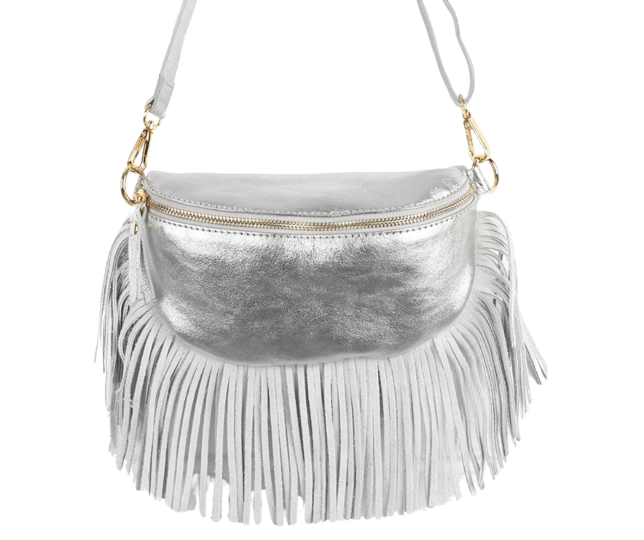 Sophia Silver Half Moon Leather Crossbody Bag With Fringe Trim