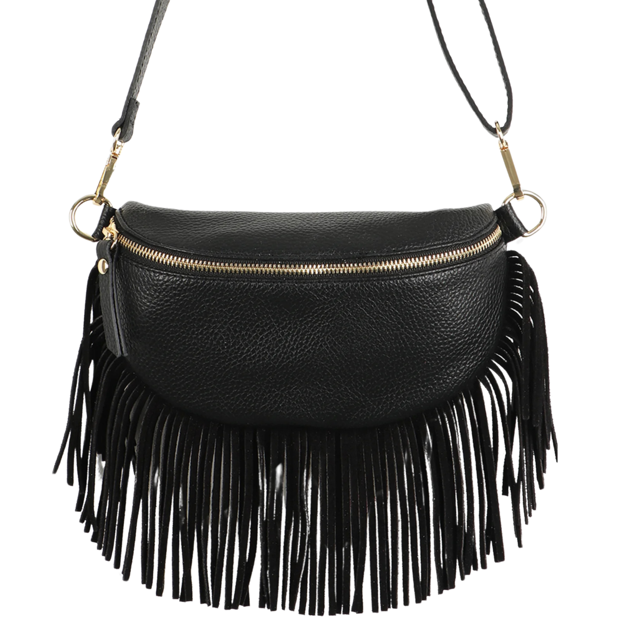 Sophia Black Half Moon Leather Crossbody Bag With Fringe Trim Majestico Boutique