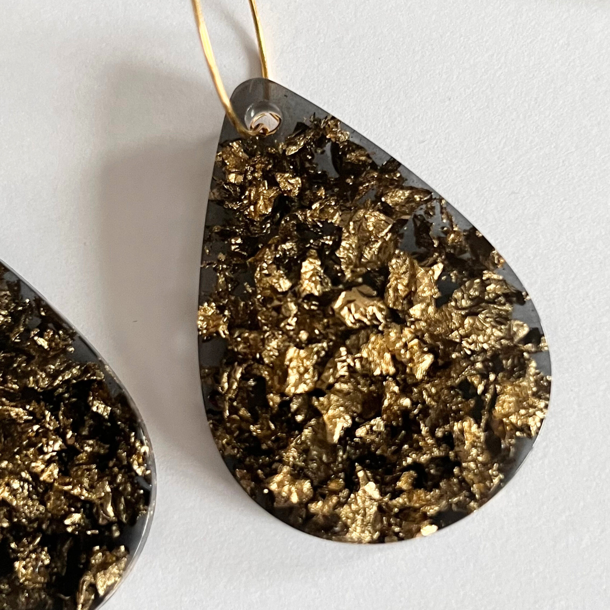 Handmade Black Teardrop Earrings With Gold Foil Inlay