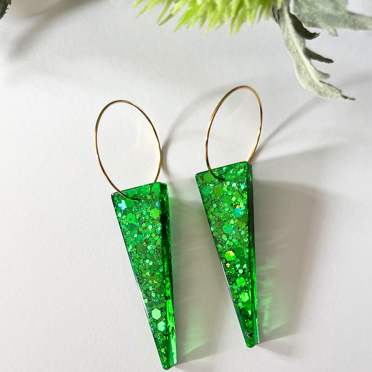 Handmade Green Glitter Triangular  Earrings