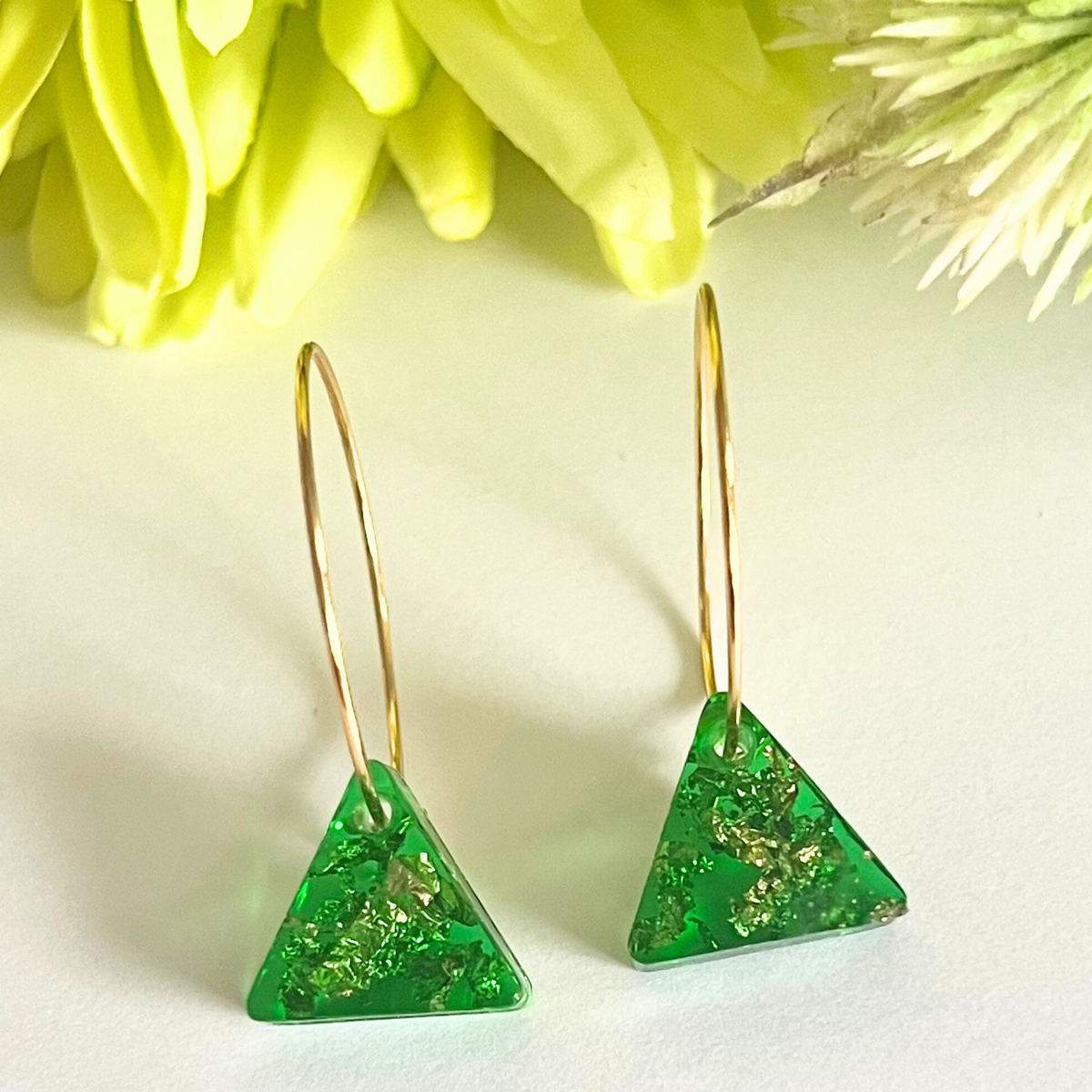 Handmade Green Gold Triangular Earrings