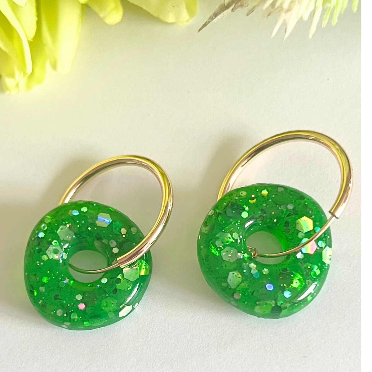 Handmade Sparkling Glitter Green Round  Donut Earrings