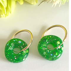 Handmade Sparkling Glitter Green Round  Donut Earrings