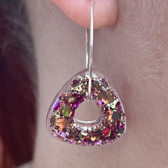 Handmade Sparkling Pink Purple Silver Confetti Triangle Donut Earrings