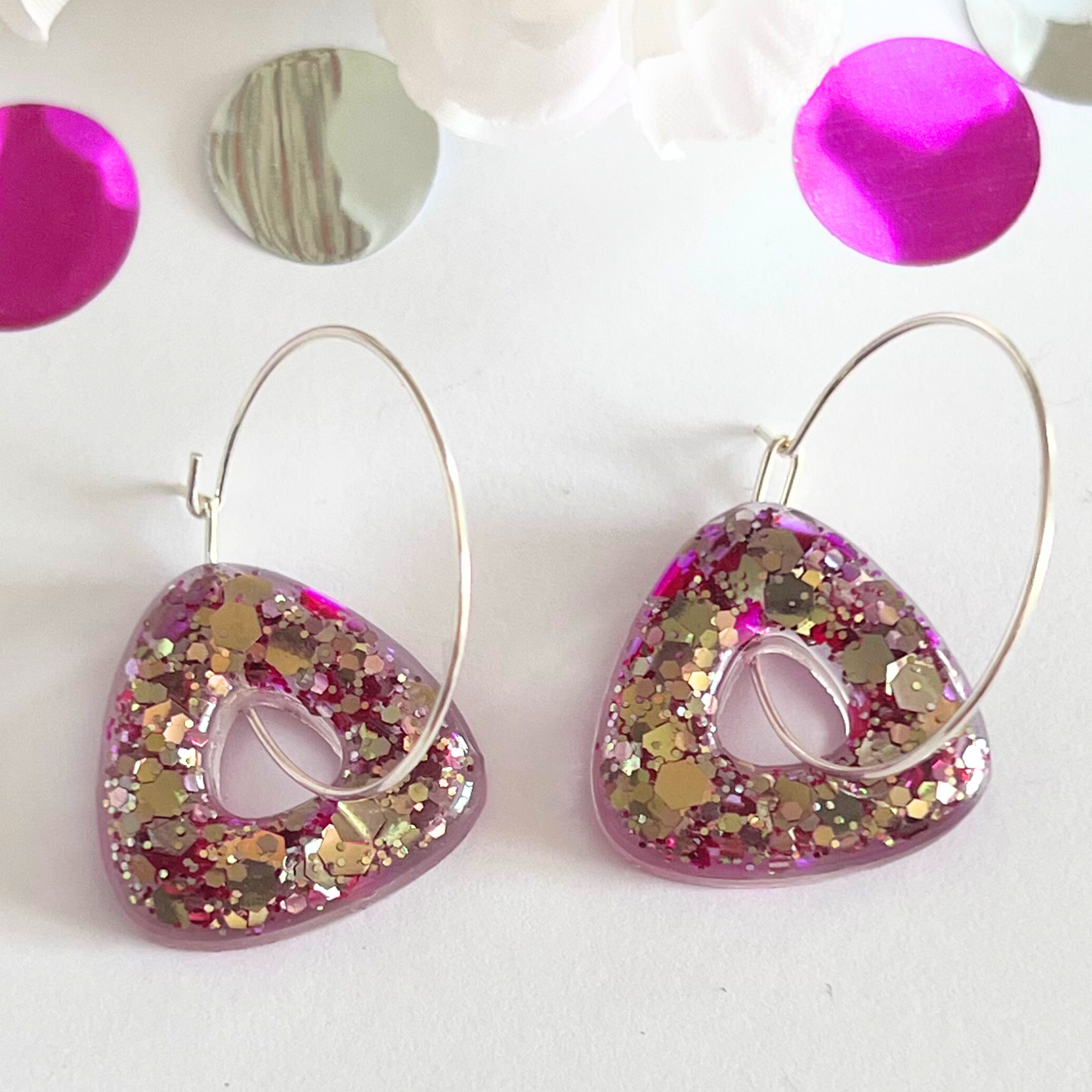 Handmade Sparkling Pink Purple Silver Confetti Triangle Donut Earrings