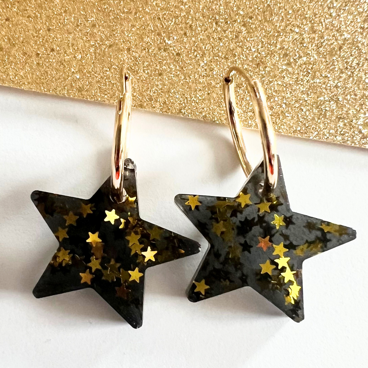 Handmade Star Black Gold Opaque Huggie Earrings