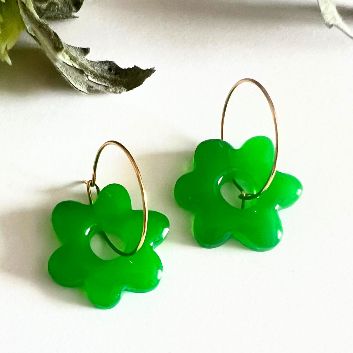 Handmade Green Flower  Hoop Earrings