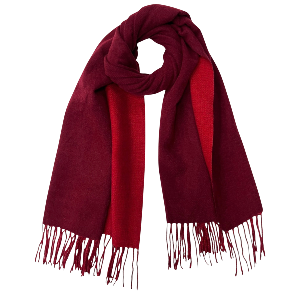 Reversible Burgundy Cashmere Blend Scarf – Two-Tone Tassel Wrap