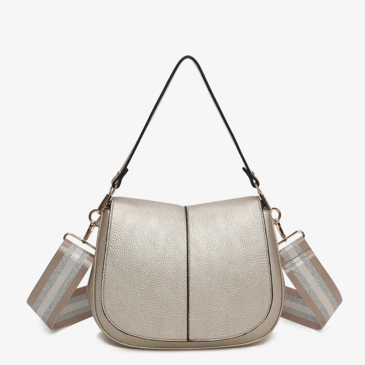 Gold Faux Leather Shoulder Bag – Gold | Multi-Compartment Women’s Crossbody Handbag